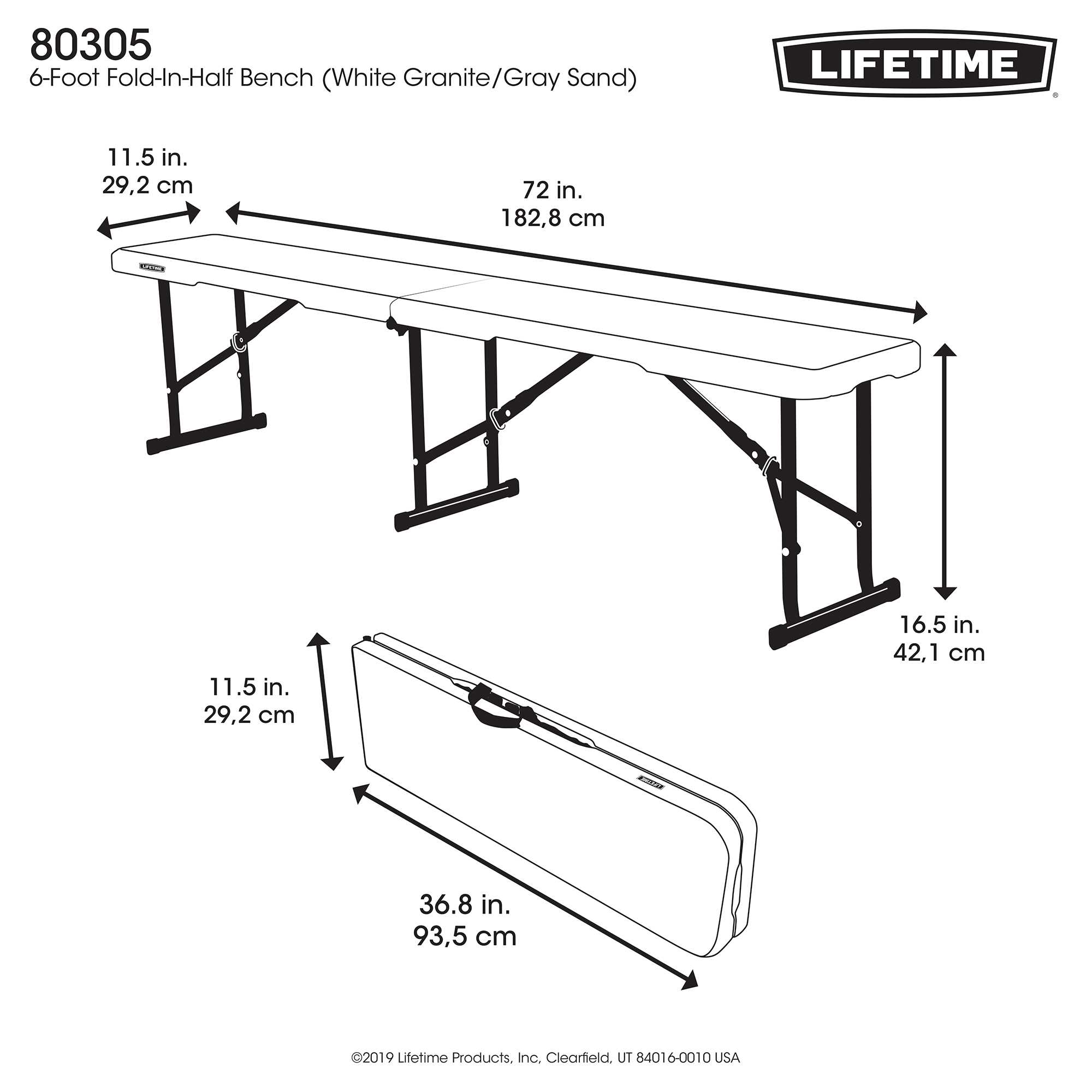 6ft Fold-in-half bench (white) /3-4 people - Lifetime